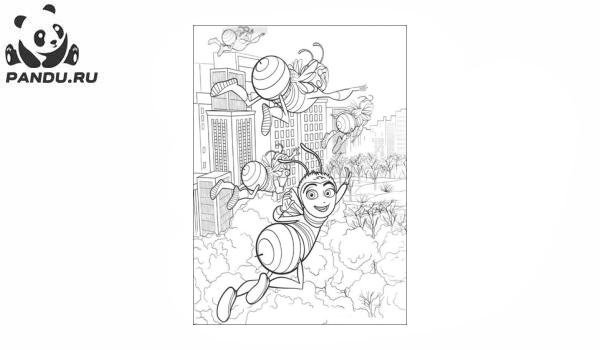 Раскраска Би Муви: Медовый заговор. Пчелки летят над городом