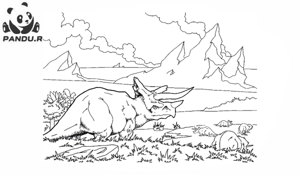 Раскраска Динозавр. Трицератопс на лугу