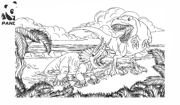 Раскраска Динозавр. Битва между хищником и травоядным животным