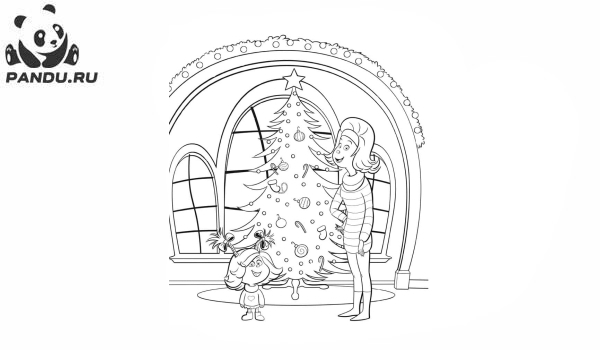 Раскраска Гринч. Синди Лу вместе с мамой наряжают елку