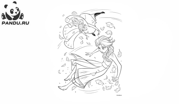 Раскраска Холодное сердце 2. Анна и Эльза кружатся в потоке ветра.