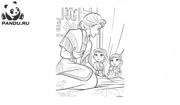 Раскраска Холодное сердце 2. Маленькие Эльза и Анна слушают сказку мамы – королевы Идуны о зачарованном лесе.