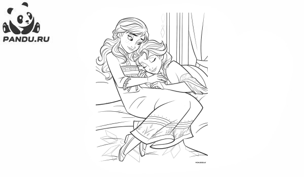 Раскраска Холодное сердце 2. Анна наблюдает как сладко спит ее сестра.