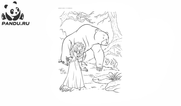Раскраска Храбрая сердцем. Мерида и медведица идут по лесу