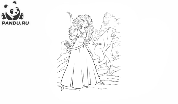 Раскраска Храбрая сердцем. Принцесса Мерида и королева-медведица у развалин