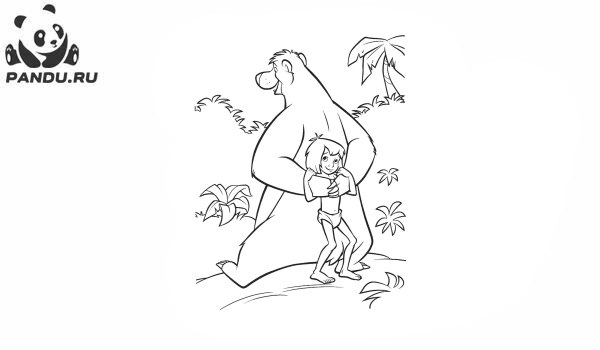 Раскраска Книга джунглей. Маугли спрятался за своего большого друга
