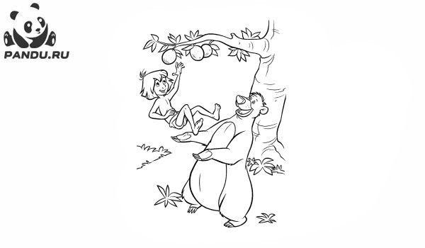 Раскраска Книга джунглей. Балу помогает мальчику собирать фрукты