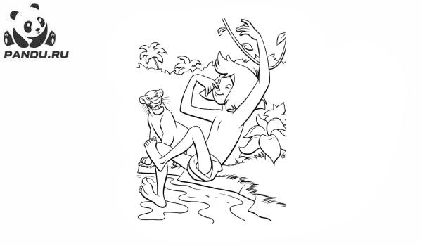 Раскраска Книга джунглей. Маугли прыгает в воду