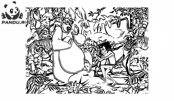 Раскраска Книга джунглей. Маугли и Балу танцуют в джунглях