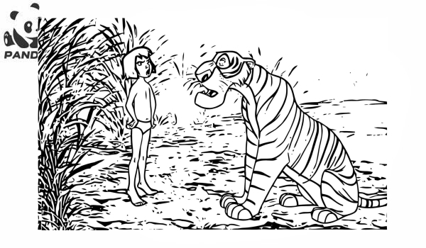 Раскраска Книга джунглей. Маугли не боится тигра