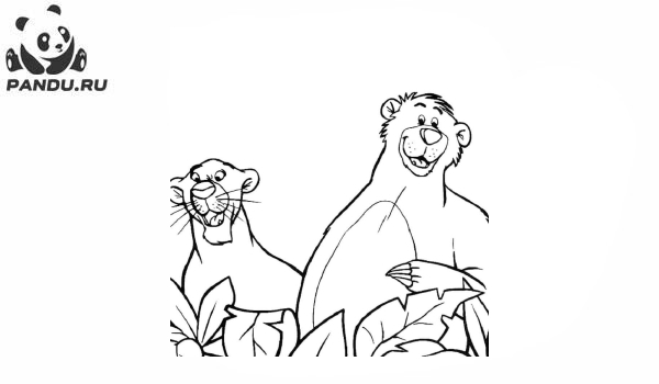 Раскраска Книга джунглей. Пантера и Балу спрятались в кустах