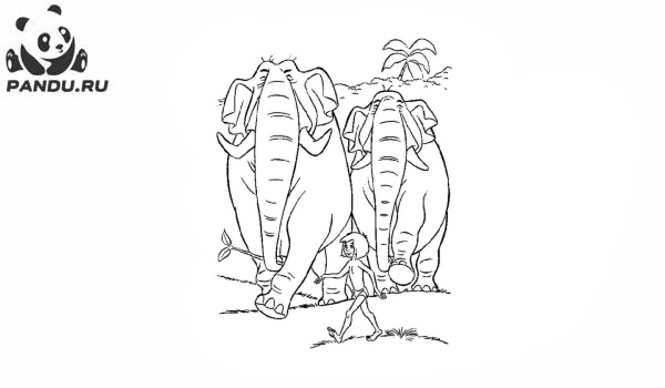 Раскраска Книга джунглей. Слоны и Маугли