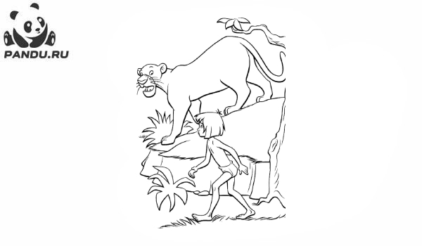 Раскраска Книга джунглей. Пантера и Маугли идут советоваться с Балу