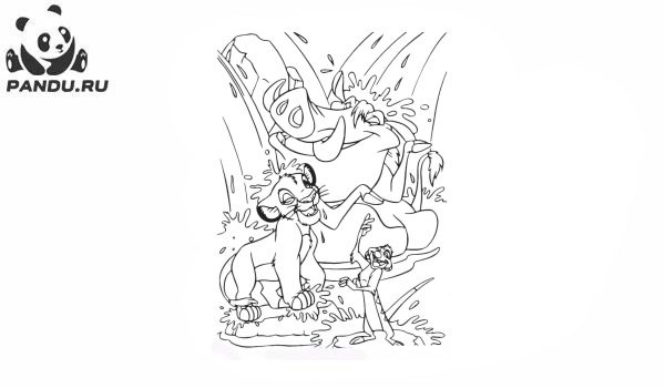 Раскраска Король Лев. Симба и его друзья купаются в водопаде
