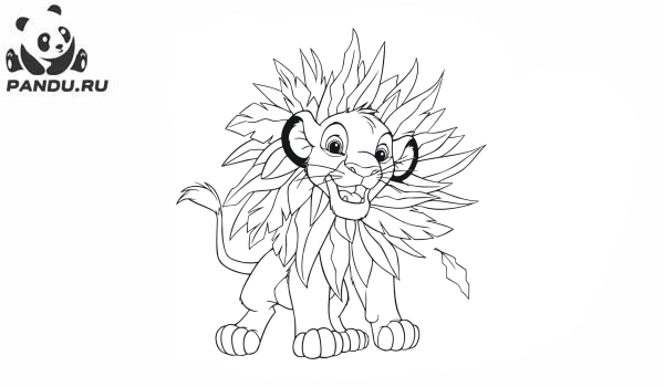 Раскраска Король Лев. Смешной Симба с листьями