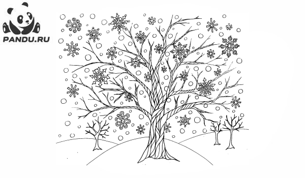 Раскраска Деревья. Зимнее дерево со снежинками