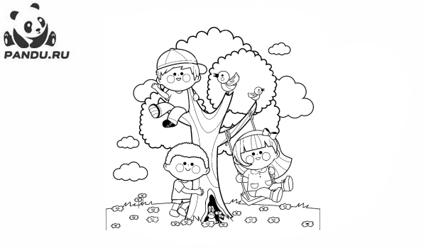 Раскраска Деревья. Дети на каникулах