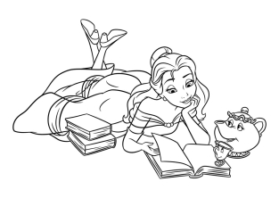 Белль читает книги в компании Чипа и Миссис Поттс.
