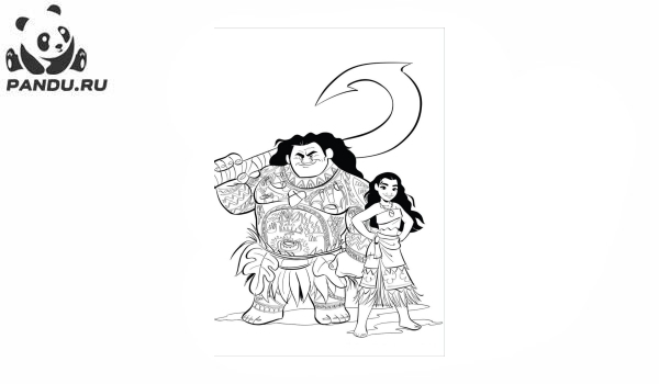 Раскраска Моана. Гигантский силач Мауи и хрупкая, но отважная Моана.
