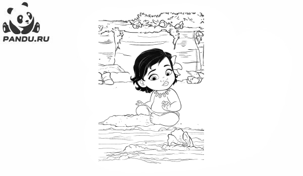 Раскраска Моана. Малышка Моана у побережья океана.