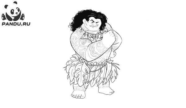 Раскраска Моана. Высокий и мускулистый Мауи не даст в обиду своих друзей.