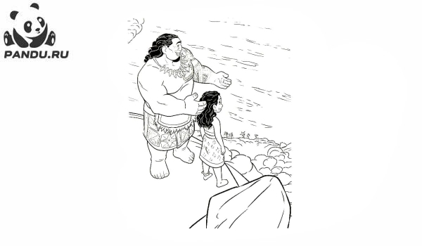 Раскраска Моана. Туи показывает дочери остров, который ей однажды предстоит возглавить.
