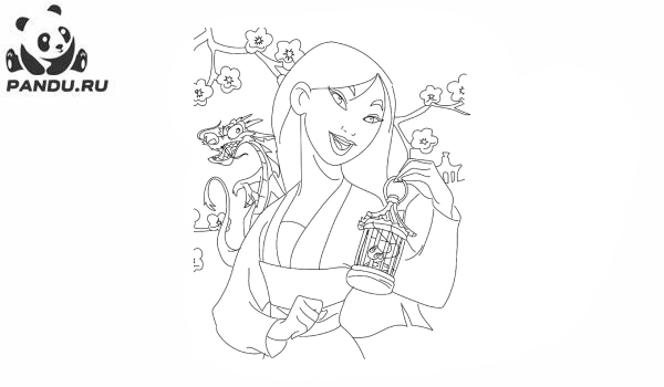 Раскраска Мулан. Мулан и ее лучшие друзья — дракон Мушу и сверчок Кри-Ки.