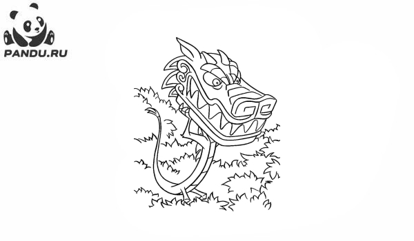 Раскраска Мулан. Мушу примеряет маску большого дракона на праздник.