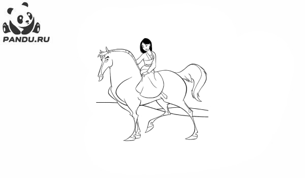 Раскраска Мулан. Мускулистый конь катает принцессу.