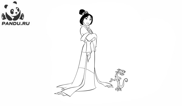 Раскраска Мулан. Принцесса Мулан и ее лучший друг — маленький дракон Мушу.
