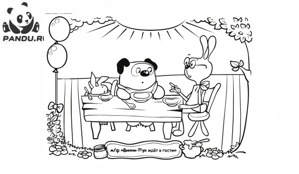 Раскраска Приключения Винни. Винни, Пятачок и Кролик за столом