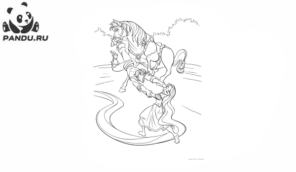 Раскраска Рапунцель: Запутанная история. Конь, Флин и Рапунцель