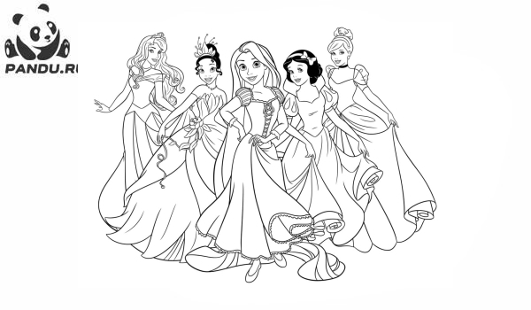 Раскраска Золушка. Золушка и другие принцессы Дисней на одной картинке