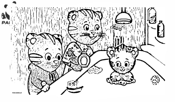 Раскраска Тигрёнок Даниэль и его соседи. Как только тигрята просыпаются, они сразу умываются, купаются, чистят зубки и завтракают.