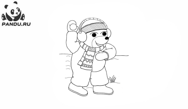 Раскраска Зима. Медведь играет в снежки