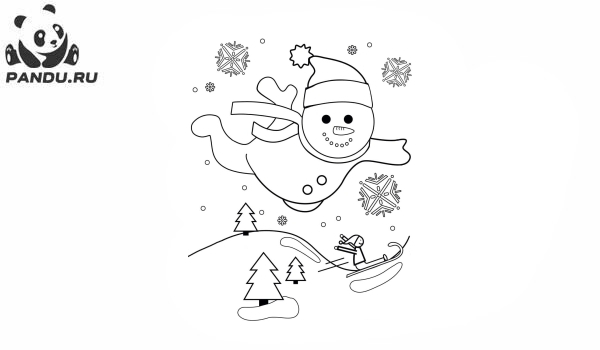 Раскраска Зима. Снеговик прыгает в большой снежный сугроб
