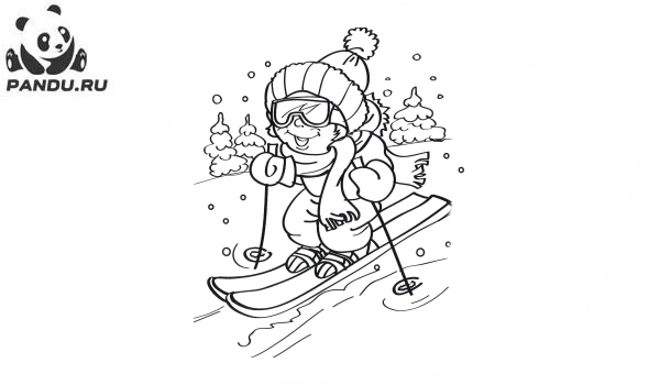 Раскраска Зима. Мальчик на лыжах