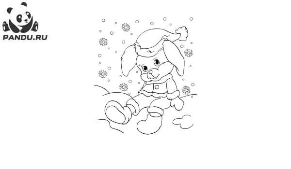 Раскраска Зима. Кролик сидит в снегу