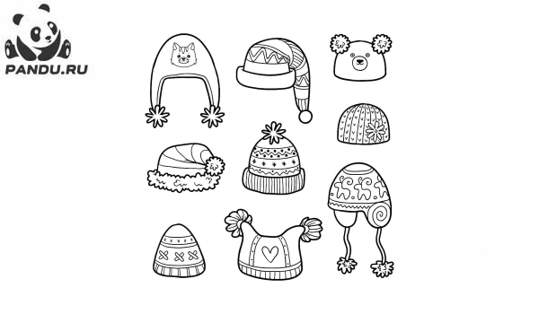 Раскраска Зима. Зимние шапки с животными и геометрическими узорами