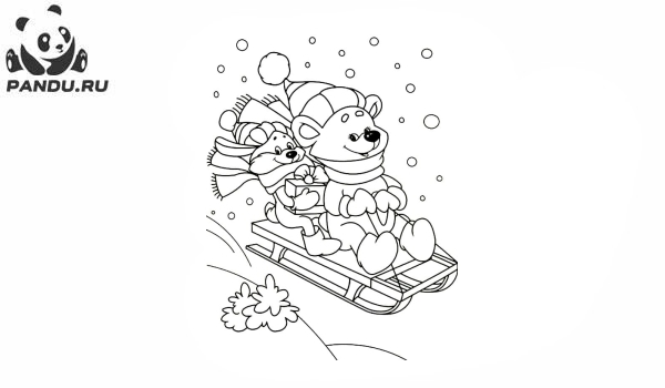 Раскраска Зима. Заяц и медведь катаются на санках