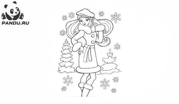 Раскраска Зима. Девочка в зимней одежде