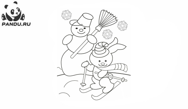 Раскраска Зима. Картинка для раскрашивания Снеговик и заяц