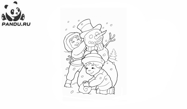 Раскраска Зима. Дети лепят снеговика