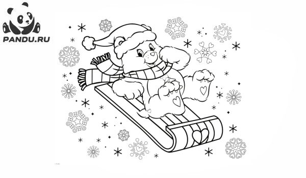 Раскраска Зима. Медвежонок катается на санях