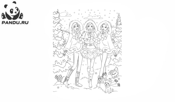 Раскраска Зима. Барби с подружками гуляют в теплый зимний день