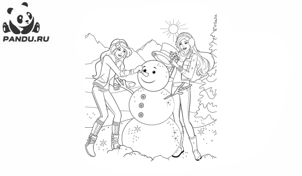 Раскраска Зима. Барби с подругой лепят снеговика