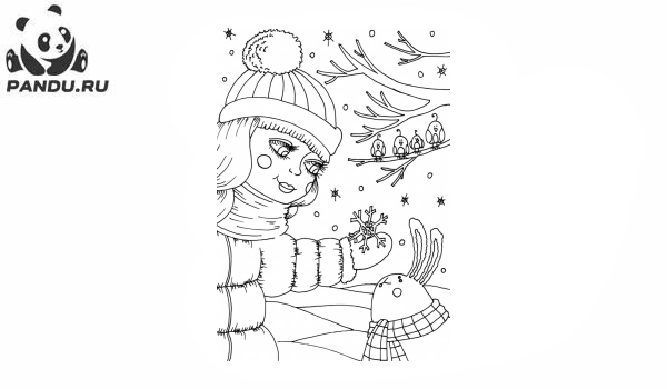 Раскраска Зима. Девочка показывает зайчику снежинку