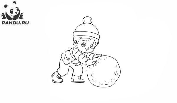 Раскраска Зима. Мальчик лепит большой снежный шар