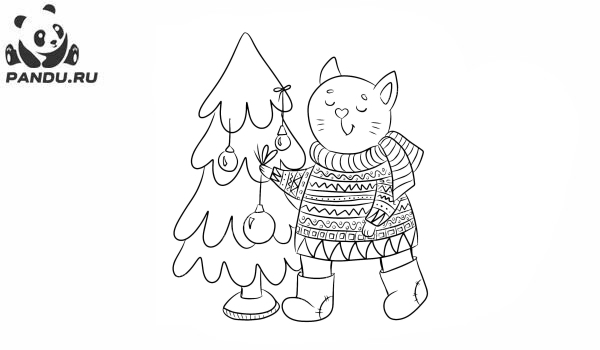 Раскраска Зима. Кот в зимней одежде украшает елку