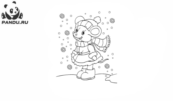 Раскраска Зима. Мышка радуется снегу